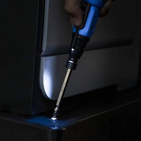 Auto-lock cordless power screwdriver in use, illuminating a workspace, USB rechargeable Li-ion battery included, 1/4 inch hex chuck.