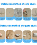 Installation methods for cone and square studs from the Badass 543 Piece Punk Studs And Spikes Kit With Eight Cone Sizes.