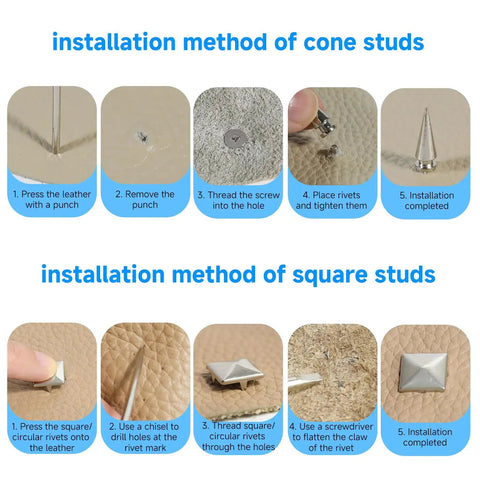 Installation methods for cone and square studs from the Badass 543 Piece Punk Studs And Spikes Kit With Eight Cone Sizes.