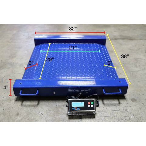 Badass Industrial Drum Scale Featuring Smooth Rolling Ramps, rugged blue platform dimensions 32x29x4 inches for heavy loads.