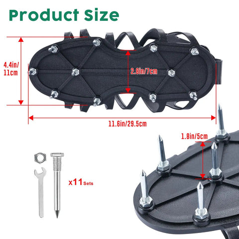 Lawn Aerator Shoes With Sharp 4.5cm Spikes For Easy Lawn Care, size details showing 11 spikes per shoe and included hardware