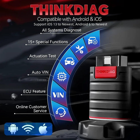 Bluetooth OBD2 Scanner With Full System Bidirectional Diagnostics OE Level Code Reader on a black background with features listed.