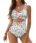 One Piece Women Swimsuit With Removable Padded Cups, Pink Flamingo And Leaves Rash Guard Style, Quick Dry Swimwear, Size X Large