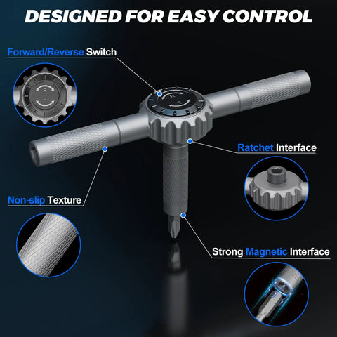 Top Shelf 67 In 1 Ratcheting Screwdriver Set With Badass High Torque Drive features a ratchet interface and non-slip grip.