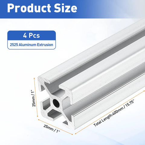 Four Pack 1010 Aluminum Extrusion Profile 400mm Long European Standard Anodized Linear Rail, 1x1 Inch Cross-Section, Silver