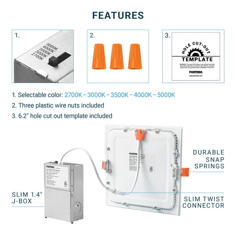 Features of 12 Pack 6 Inch Ultra Thin LED Recessed Canless Wafer Panels With Junction Box, 5CCT selectable from 2700K to 5000K
