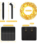 200 Led 72Ft Outdoor Solar String Lights Waterproof With 8 Modes Twinkle Warm White showing components and dimensions