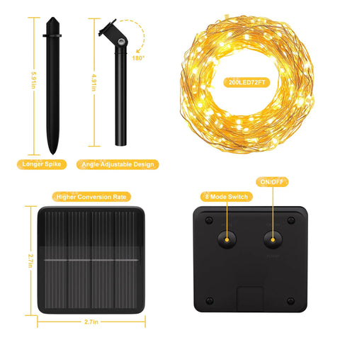 200 Led 72Ft Outdoor Solar String Lights Waterproof With 8 Modes Twinkle Warm White showing components and dimensions