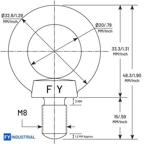Technical diagram of Beefy Industrial Grade M8 Stainless Steel Lifting Eyebolts Set Of 5 For Rigging And Hoisting with measurements.