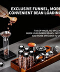 Keep Your Grounds Fresh As A Bell With This Six Tube Single Dose Coffee Bean Storage Jar Set Featuring One Way Exhaust Valves And A Smart Hopper For Flawless 22 To 25 Gram Portions To Brew On Point Daily, showing exclusive funnel for easy bean loading.