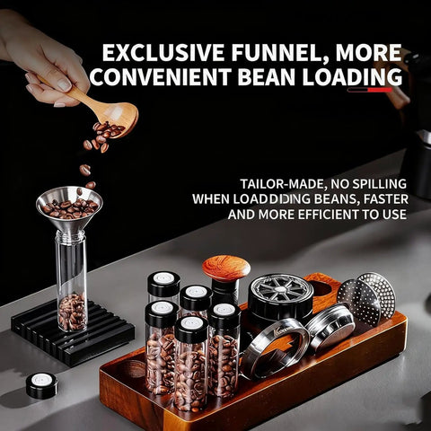Keep Your Grounds Fresh As A Bell With This Six Tube Single Dose Coffee Bean Storage Jar Set Featuring One Way Exhaust Valves And A Smart Hopper For Flawless 22 To 25 Gram Portions To Brew On Point Daily, showing exclusive funnel for easy bean loading.