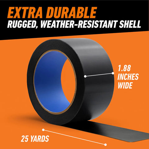 All Weather Black Duct Tape For Outdoor Repairs Pack Of 2 1.88 Inch Wide By 25 Yard Rolls Waterproof UV Resistant