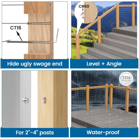 Invisible Cable Railing Kit With Swage Tensioners And Hidden Terminals, 20 Pairs One Eighth Inch Stainless T316 Threaded Studs