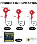 Diagram showing 12 Piece Crappie Jig Heads Kit With Hollow Scent Holder. Includes measurements for 3/16, 1/8, 1/16 ounce red jig heads.