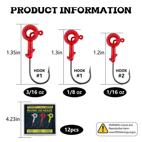 Diagram showing 12 Piece Crappie Jig Heads Kit With Hollow Scent Holder. Includes measurements for 3/16, 1/8, 1/16 ounce red jig heads.
