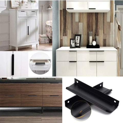 10 Pack Black Cabinet Handles 5 Inch Finger Pulls for Cabinets and Dresser Drawers With 5 Inch Hole Centers displayed on furniture.