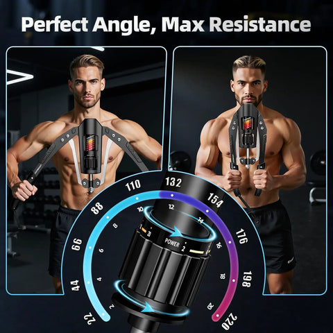 Upgrade Your Gains With This East Mount Twister Arm Exerciser showing adjustable hydraulic resistance settings and user positions.