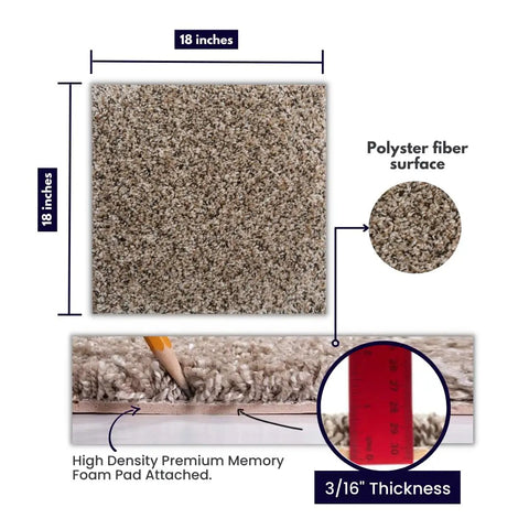 Image of Walk In The Park Plush Carpet Tiles With Built In Padding 18x18 Peel And Stick Flooring displaying size and thickness.