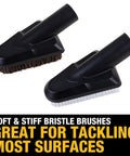 Soft and stiff bristle brushes from Car Detailing Vacuum Hose Accessory Kit with about 15 ft flexible hose.