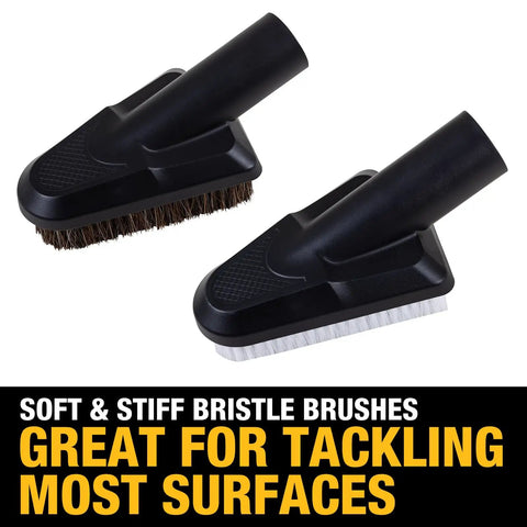 Soft and stiff bristle brushes from Car Detailing Vacuum Hose Accessory Kit with about 15 ft flexible hose.
