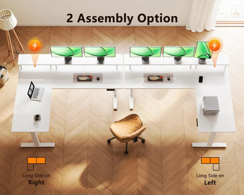 Top view of Electric L-Shaped Standing Desk With Monitor Stand And Built In Power Outlets 59 Inch Height Adjustable Sit Stand Desk For Home Office A Real Workhorse Lift Table For Workstation White with two assembly options.