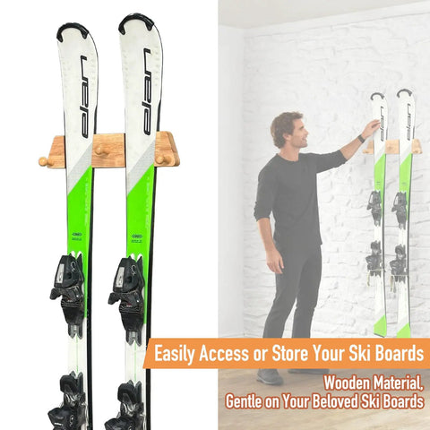 Kickass Oakwood Ski Rack With 3 Hooks Wall Mount Storage For Skis Snowboards Longboards shows two skis mounted on a wooden rack.