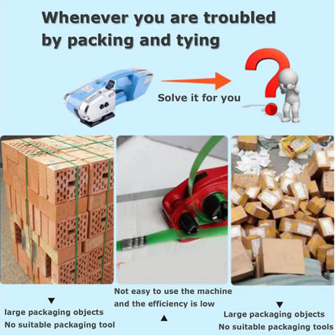 Top Shelf Handheld Electric Strapping Machine For 11 To 19 Mm Pet Pp Straps shown with packaging issues and comparisons.