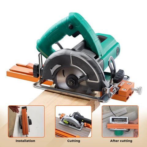Pro Grade Circular Saw Guide Rail With Precision Aluminum Base for Woodworking shown on wooden plank with green saw.