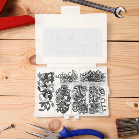 All In One Stainless Steel Hardware Kit Featuring 300 Pcs Open Split Washers And E Type Circlips 304 Stainless Retaining Ring Assortment For Indoor Outdoor Use Heavy Duty Rust Resistant Fasteners in a plastic case