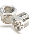 Beefy Three Quarter Inch MNPT To One Half Inch FNPT Stainless Steel Hex Bushing Reducer Adapter Pipe Fitting 304 Stainless Heavy Duty Reducing Coupler For Plumbing And Industrial Use shown from two angles