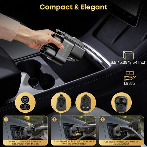 Hand holding heavy duty NACS to CCS1 charging adapter designed for Tesla V3 V4 Superchargers, compact design.