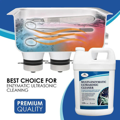 Straight Up Heavy Duty Enzymatic Ultrasonic Cleaner One Gallon Solution with dental tools in cleaning solution.