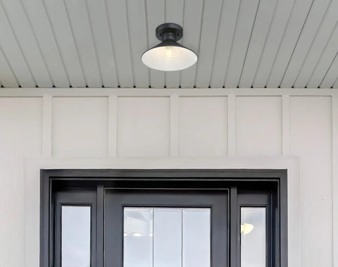 Rustic Arts And Crafts Outdoor One Light Semi Flush Mount Ceiling Light, 11 Inch, Textured Black Finish, in entryway.