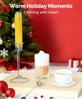 Sweet Coffee Game Changer Sitting Pretty On Your Counter With This Rechargeable Electric Milk Frother And Stand Providing Two Detachable Whisk Attachments For Epic Lattes with yellow frother, latte in glass, and white cup.