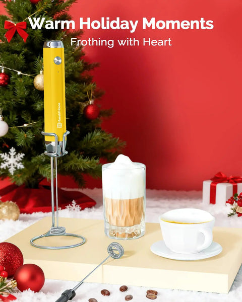 Sweet Coffee Game Changer Sitting Pretty On Your Counter With This Rechargeable Electric Milk Frother And Stand Providing Two Detachable Whisk Attachments For Epic Lattes with yellow frother, latte in glass, and white cup.