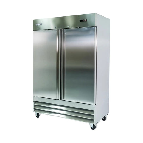 Heavy Duty Commercial Refrigerator With Adjustable Wire Shelves And Digital Led Display 48 Cubic Feet Stainless Steel kitchen unit with double doors.