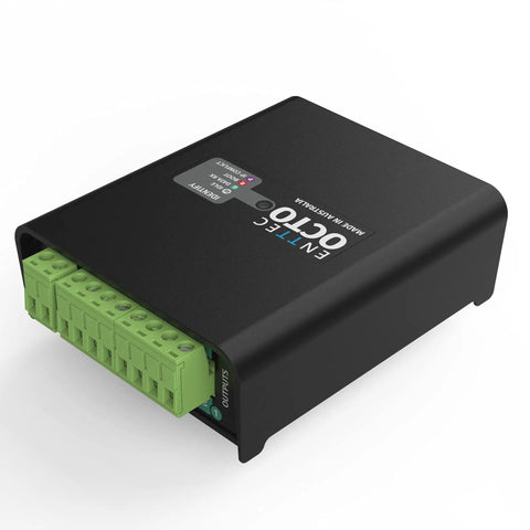 OCTO Mk2 8 Universe eDMX to LED Pixel Converter and DMX Over Ethernet DIN Rail Controller in black compact design