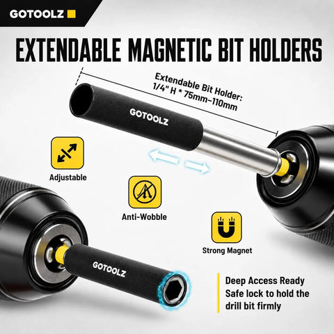 All In One 14 Piece Impact Socket Adapter Kit With Quick Release Magnetic Drill Bit Extensions showing extendable holder