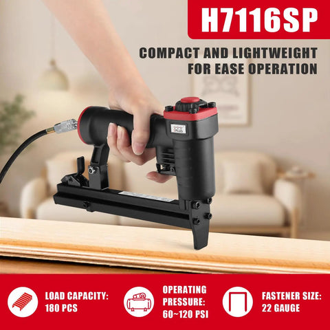 Person using 22 Gauge 3/8 Inch Crown Pneumatic Upholstery Stapler For 71 Series Staples, 1/4 To 5/8 Inch Length in a living room setup