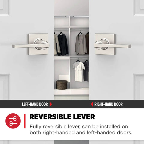 Interior Passage Door Lever For Closet And Hallway Doors, Reversible Non Locking Handle In Satin Nickel Finish With Microban Protection