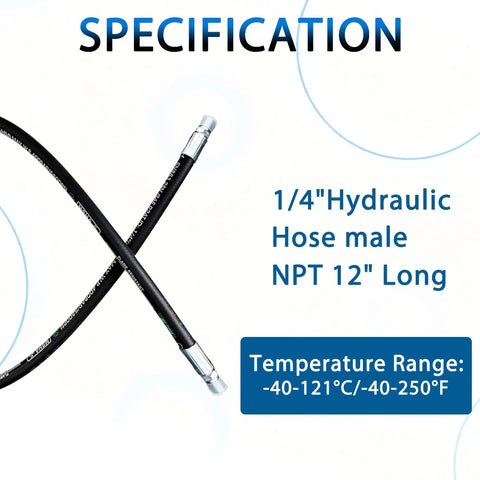 Hydraulic hose assembly, 1/4 inch, 12 inches long, black with male NPT fittings at both ends