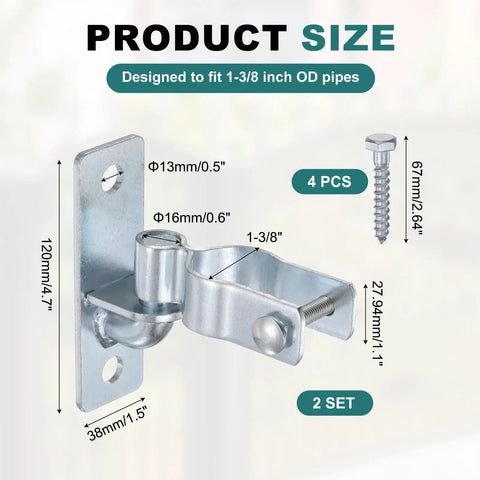 Wall Mount Gate Hinge Set for Chain Link Fence, Pair of Hinges, 4.7x1.5 Inch, Silver Zinc Plated, includes screws