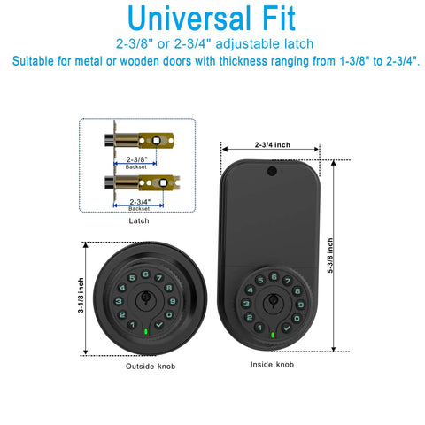 Two Sided Keypad Door Knob With Dual Cylinders And Key Alike No Hassle Keyless Entry Smart Lock dimensions and latch details