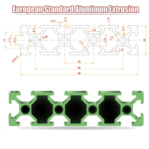 Two Pack 800mm Green T Slot 2080 Aluminum Extrusion Profile Linear Rail European Standard Anodized For 3D Printers And CNC DIY Builds