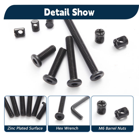 Crib Hardware Replacement Kit With 28 M6 Stainless Steel Hex Socket Bolts And Zinc Barrel Nuts detail showing nuts and bolts.