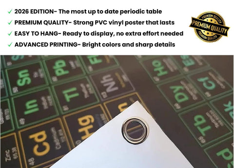 Close-up of Massive 2026 Periodic Table Poster In PVC Vinyl showing metal grommet and details of elements on chart for classrooms.