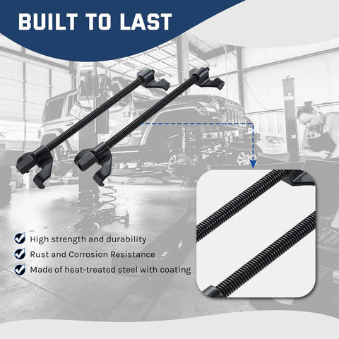 14 Inch Coil Spring Compressor Tool For MacPherson Suspension Struts shown in a garage setting with durability features highlighted