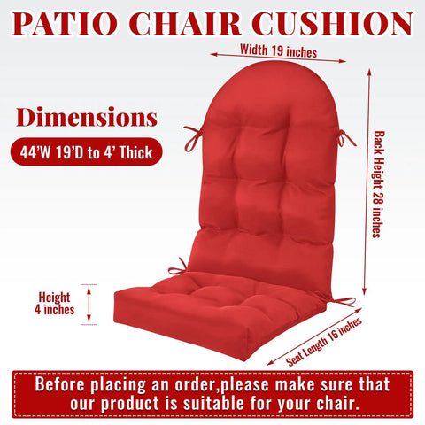 4 Piece Outdoor Patio Chair Cushions Set With Thick High Back Adirondack Rocking Chair Cushions Tufted Weatherproof Fade Resistant Anti Slip With Ties 44 By 19 By 4 Inches Red, showing dimensions and design in red.