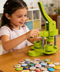Super Easy Button Maker Machine Kit For Craft Lovers That Works Like Magic And Comes Complete With One Inch Badge Press Tools in use.