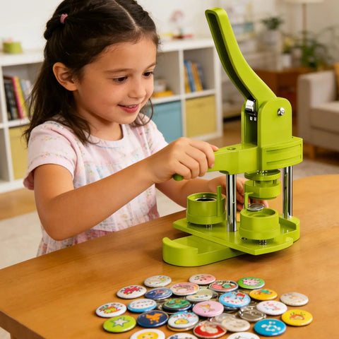 Super Easy Button Maker Machine Kit For Craft Lovers That Works Like Magic And Comes Complete With One Inch Badge Press Tools in use.